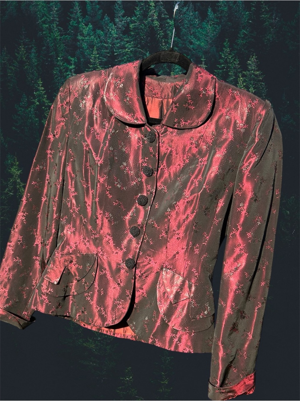 Vintage Red & Black Satin Blazer with Beaded Buttons.